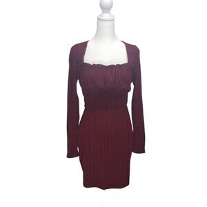 Burgundy Long Sleeve Shirred Square Neck Dress | Fitted Waist Stretch Knit